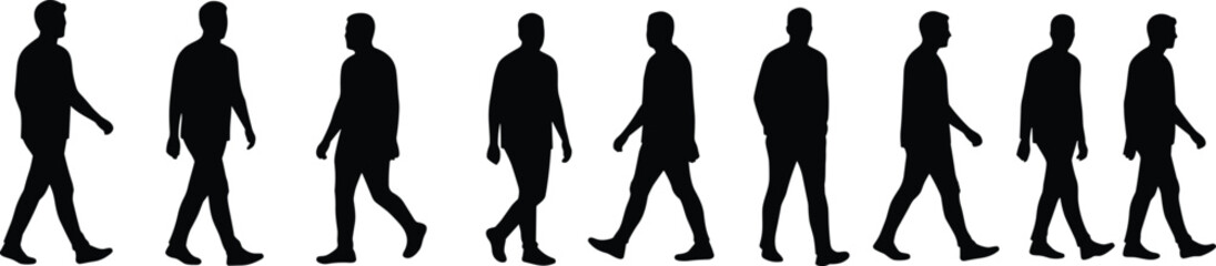 Silhouettes of Men Walking in Different Poses, Human Walk Cycle Vector, Casual Male Walk Animation, Side View Silhouette Set