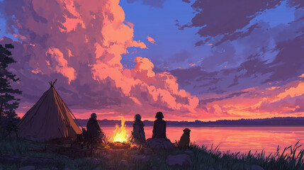 Family Camping With Their Pet Dog By A Lake At Sunset, Anime Style Concept Art
