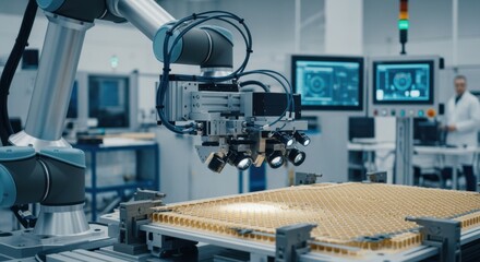 Robotic bonding station with integrated vision systems inspecting honeycomb core aerospace materials for defects.