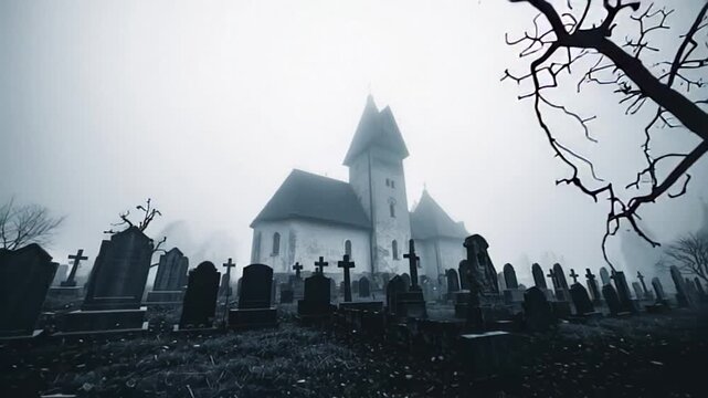 Eerie fog envelops an old cemetery, gothic architecture looms under a misty sky, Halloween ambiance heightens the mysterious atmosphere