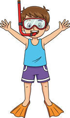 Cartoon Child in Snorkeling Gear&mdash;Excited Swimmer with Mask, Flippers, and Summer Outfit for Beach, Ocean, and Vacation Themes