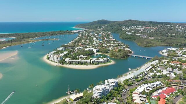 Aerial view of noosa sound and coast in queensland, australia on a sunny day