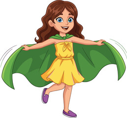 Cartoon Child in Yellow Dress and Green Cape—Superhero Pose with Long Brown Hair and Purple Shoes for Imaginative Play Themes