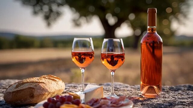 Rustic picnic setting with wine, scenic outdoor table setup with bread, wine evokes relaxation and leisure, summer afternoon ambiance, vineyard vibes, international wine day celebration