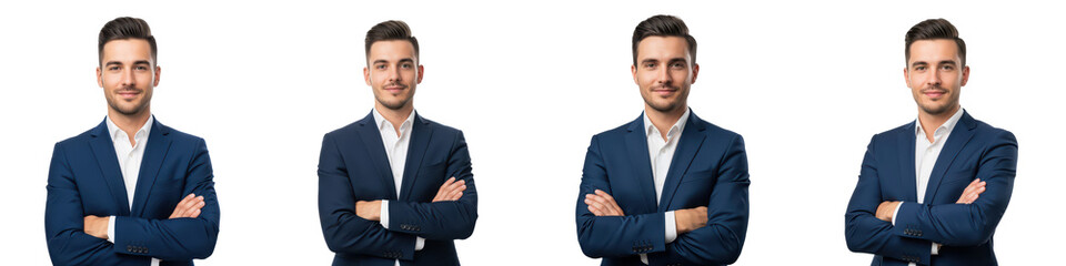 Confident young man with short styled dark hair wearing blue suit and white shirt poses with crossed arms showing professionalism and calm