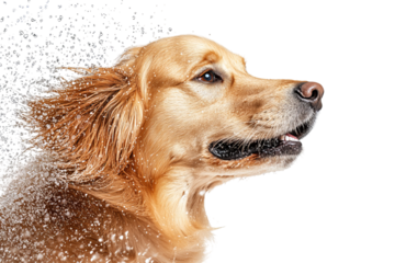 Golden retriever shaking off snow with a joyful expression