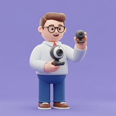 Smiling 3D character enthusiastically displays modern webcams, ideal for enhancing video calls, live streaming, and remote work technology solutions