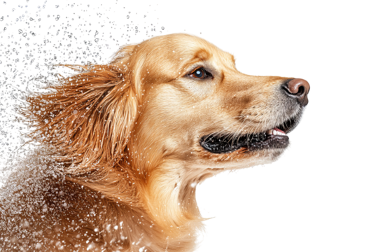 Golden retriever shaking off snow with a joyful expression