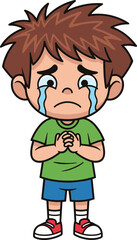 Cartoon Crying Child with Clasped Hands—Sad Boy in Green Shirt and Blue Shorts for Emotions, Kids, and Educational Themes