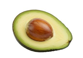 Fresh avocado half with seed isolated on transparent background close up