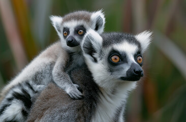 Obraz premium Photograph of a close-up portrait of three ring-tailed lemurs with a baby on the back in their natural habitat, 
