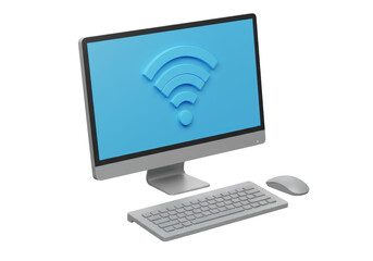 Isolated Desktop Computer with WiFi Symbol on Screen