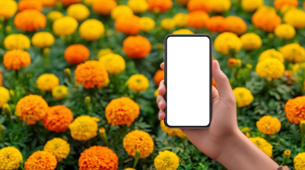 Mobile phone flowers garden hand holding smartphone photography nature blossom floral spring beauty Mockup Transparent Screen 
