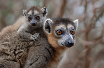 Obraz premium Photograph of a close-up portrait of three ring-tailed lemurs with a baby on the back in their natural habitat, 