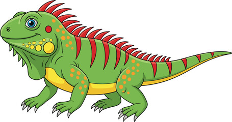 Cartoon Iguana with Green Body, Yellow Spots, Red Spines, and Blue Eye—Colorful Reptile Character for Nature, Kids, and Wildlife Themes
