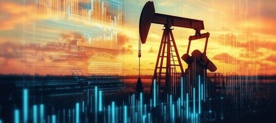 Oil Pump Jack Silhouette with Financial Digital Graphs Depicting Wealth and Growth at Sunset