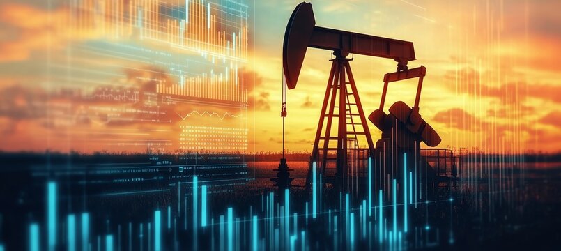 Oil Pump Jack Silhouette with Financial Digital Graphs Depicting Wealth and Growth at Sunset