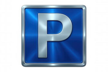 Chrome parking sign with letter p over blue background with transparent background, ideal for transportation and travel concepts