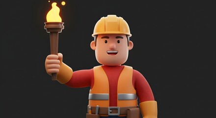Illustrated male contractor with a yellow helmet holds a fiery torch, a powerful icon for leading industrial projects and achieving success