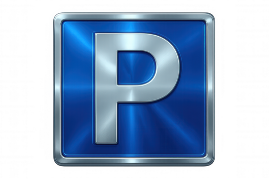 Chrome parking sign with letter p over blue background with transparent background, ideal for transportation and travel concepts