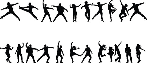 Silhouettes of People Dancing and Jumping, Energetic Dance Moves, Party Celebration Poses, Group Dance Vector Collection for Event and Festival