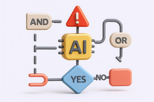 Colorful 3D flowchart showcasing AI logic with decision-making elements like 'AND', 'OR', 'YES', and 'NO'.