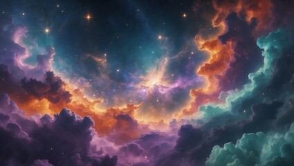 Fototapeta premium Celestial Dance A Vivid Nebula of Cosmic Cloudscapes and Sparkling Stars