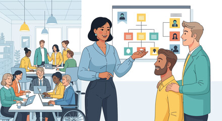 Diverse workplace engaging in presentation and collaboration on project hierarchy