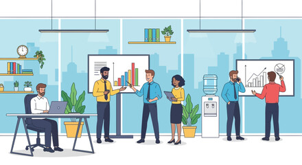 Diverse office team collaborating on data-driven strategies in a bright workspace