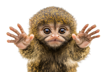 Close-up of an adorable monkey with big eyes and a furry coat reaching out.