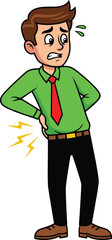 Cartoon Person with Back Pain—Green Shirt and Red Tie Character Showing Discomfort with Pain Symbols for Health and Workplace Themes