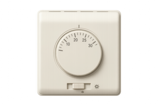 Modern thermostat controlling room temperature with transparent background