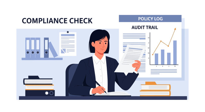 Illustration of an auditor conducting a compliance check and reviewing policy logs