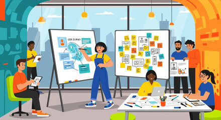 Collaborative team brainstorms user journey with diverse individuals in modern office setting