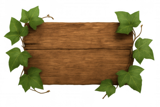 Empty wooden sign with ivy branches and leaves on a transparent background, providing copy space for text or design