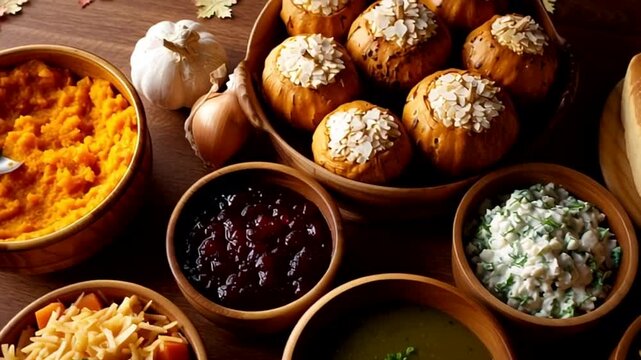 A rustic spread of autumn-inspired dishes, featuring small pumpkin breads and vibrant side dishes, evoking a cozy Thanksgiving atmosphere, blending tradition with seasonal flavors