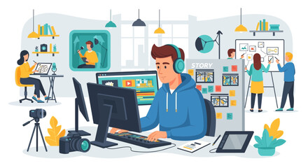 Illustrative workspace scene exhibiting content creation professionals in action