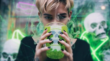 Young adult with edgy style sips neon green drink, surrounded by glowing Halloween skulls, evoking a spooky yet trendy vibe perfect for seasonal festivities