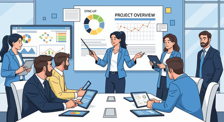 Engaging business review: A team analyzes data at a conference table meeting