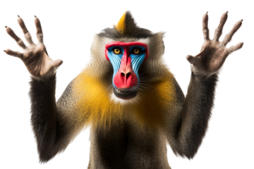 Colorful baboon with striking facial features against a plain background.