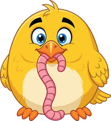 Cartoon Yellow Bird with Pink Worm—Round Body, Blue Eyes, Orange Feet, Cute and Playful Nature Scene for Kids and Wildlife Themes
