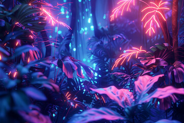 Cyberpunk Neon Jungle with Glowing Tropical Plants