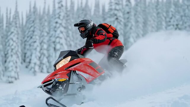 A person rides a snowmobile through a snowy forest, evoking adventure and excitement in a winter wonderland, ideal for winter sports enthusiasts and holiday vibes
