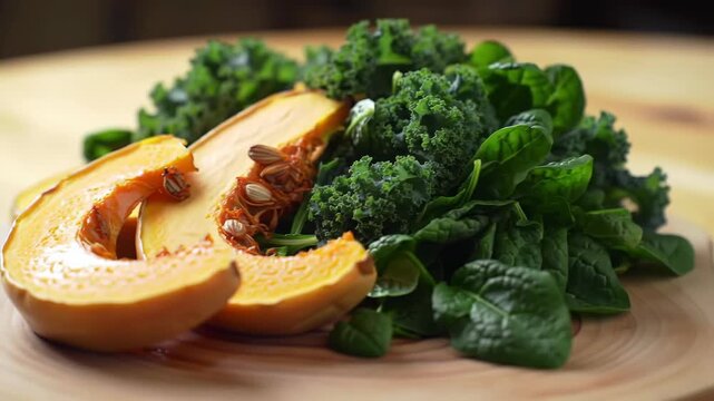 Fresh butternut squash slices with seeds alongside vibrant green kale and spinach on a wooden cutting board, perfect for healthy recipes and nutritious meals concept