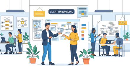 Diverse team collaborating on client onboarding process in a modern office