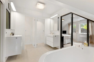 Modern bathroom interior in minimal scandinavian style, 3d render