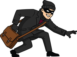 Sneaky Burglar in Black Outfit Crouching with Brown Satchel—Thief Character Illustration Perfect for Crime, Security, and Storytelling Themes