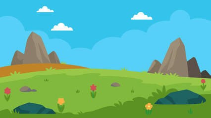 Obraz premium Vector illustration of an autumn rural landscape with trees and green hills under a cloudy sky