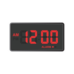 A digital clock shows the time as 12:00 with the AM/PM indicator displayed.  The clock also has an alarm setting. The numbers are red against a black display.