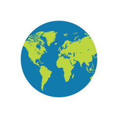 A simple flat design illustration showcases a world map. Green continents are set against a vibrant blue ocean, providing a visual representation of the world. 